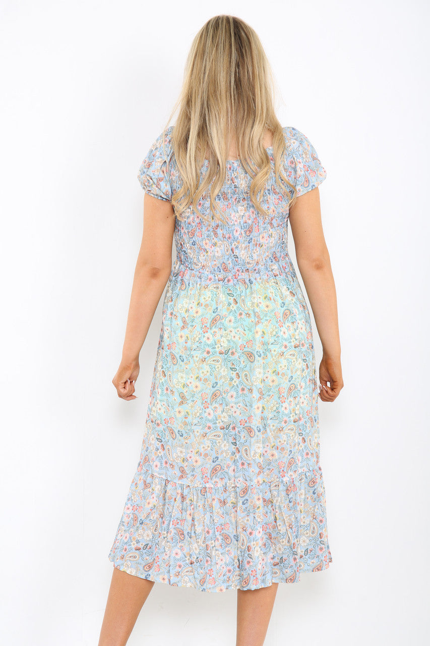 Ladies Gypsy Ditsy Floral Print Midi Dress Light Blue