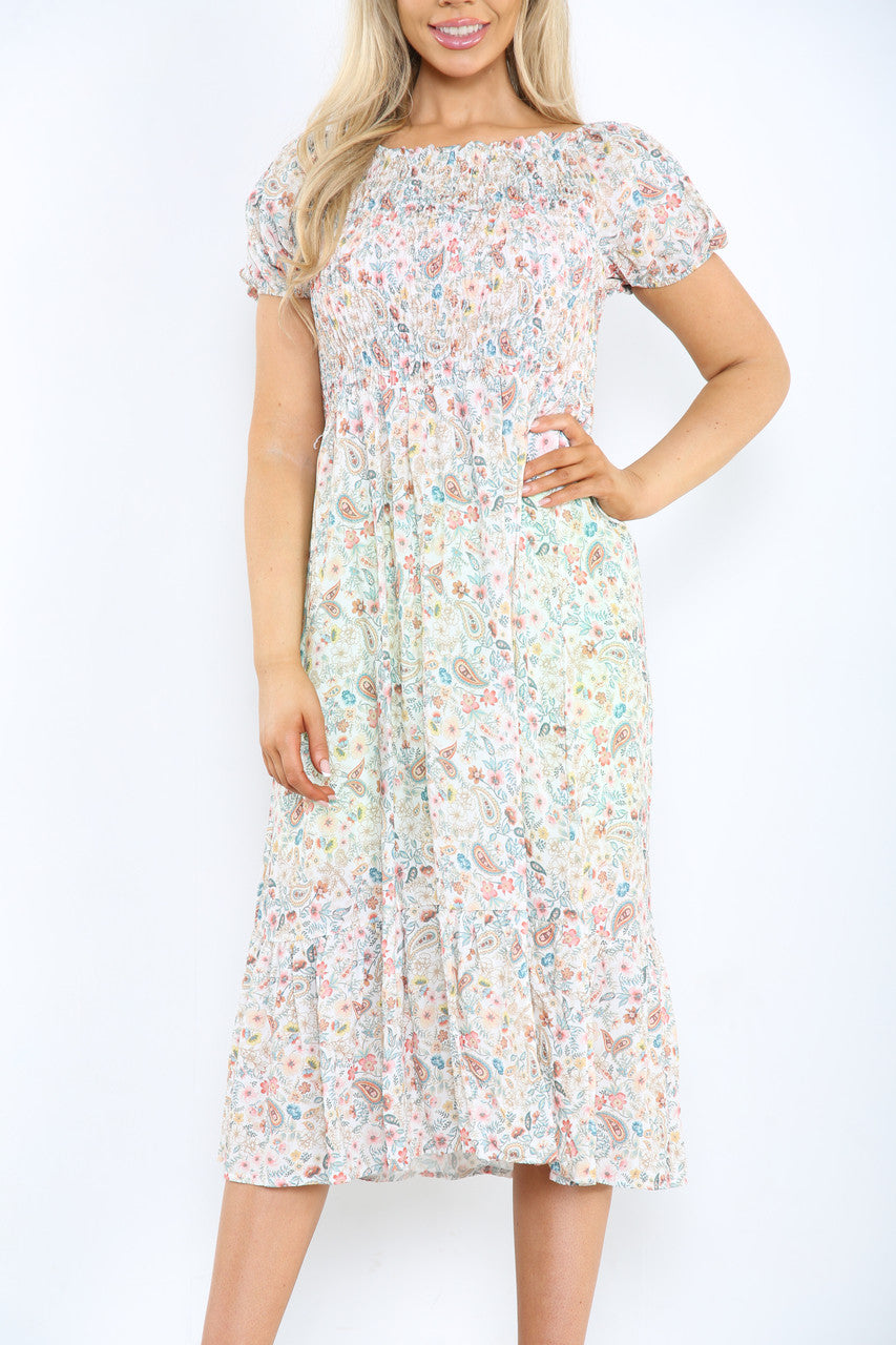 Ladies Gypsy Ditsy Floral Print Midi Dress White