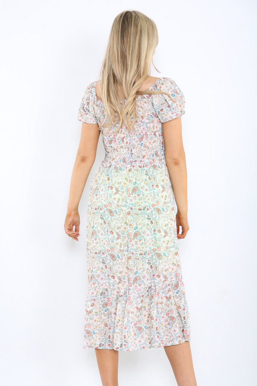 Ladies Gypsy Ditsy Floral Print Midi Dress White