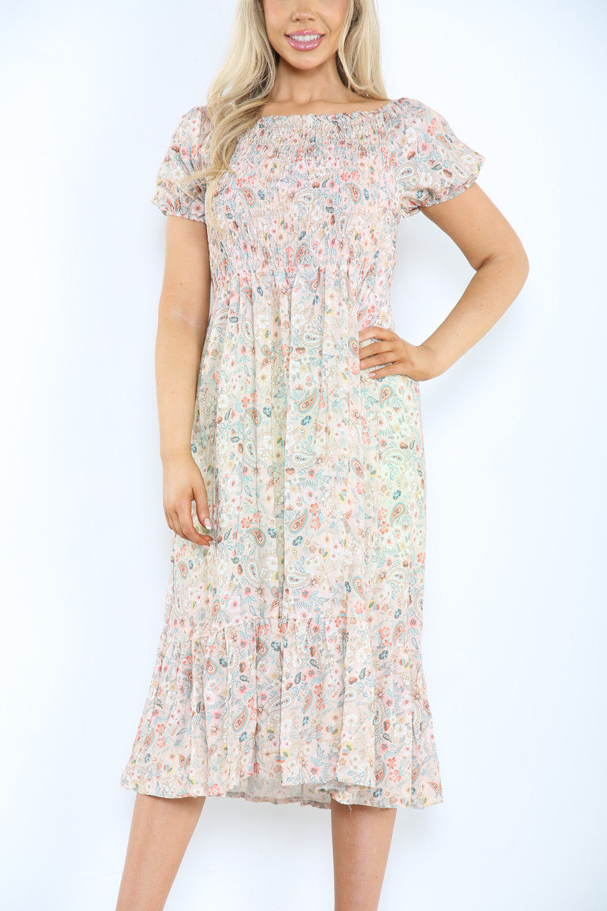 Ladies Gypsy Ditsy Floral Print Midi Dress Dusty Pink
