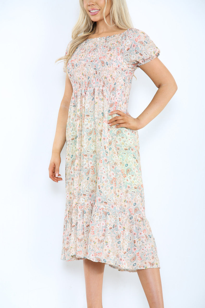 Ladies Gypsy Ditsy Floral Print Midi Dress Dusty Pink