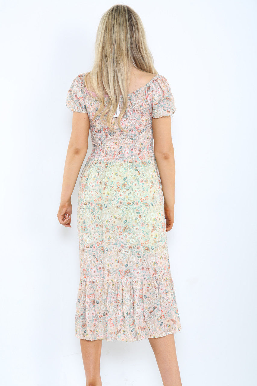 Ladies Gypsy Ditsy Floral Print Midi Dress Dusty Pink