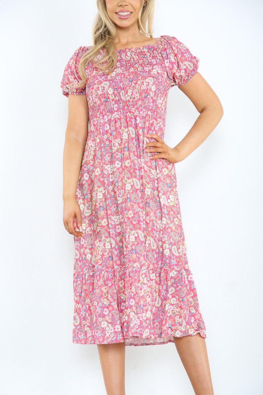 Ladies Gypsy Ditsy Floral Print Midi Dress Cerise