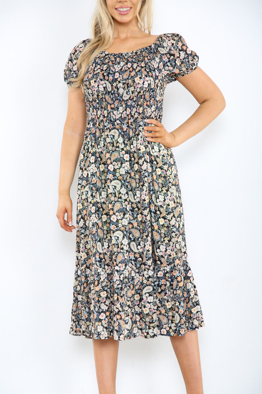Ladies Gypsy Ditsy Floral Print Midi Dress Black