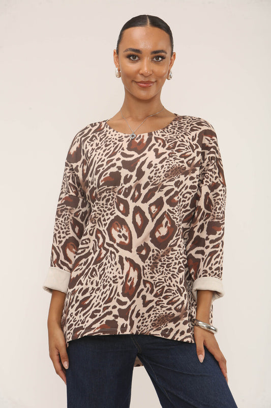 LEOPARD PRINT SOFT TOUCH SWEATSHIRT - BROWN