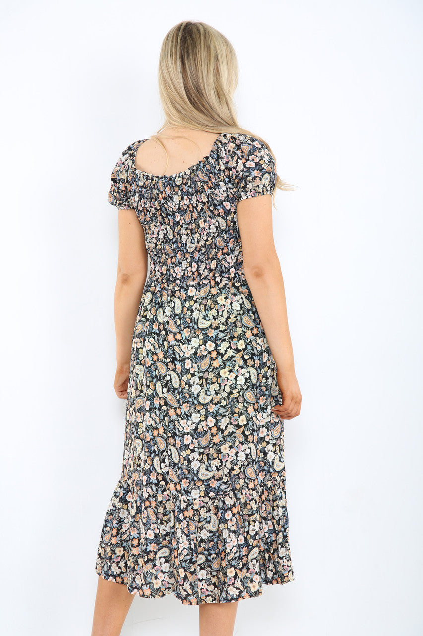 Ladies Gypsy Ditsy Floral Print Midi Dress Black