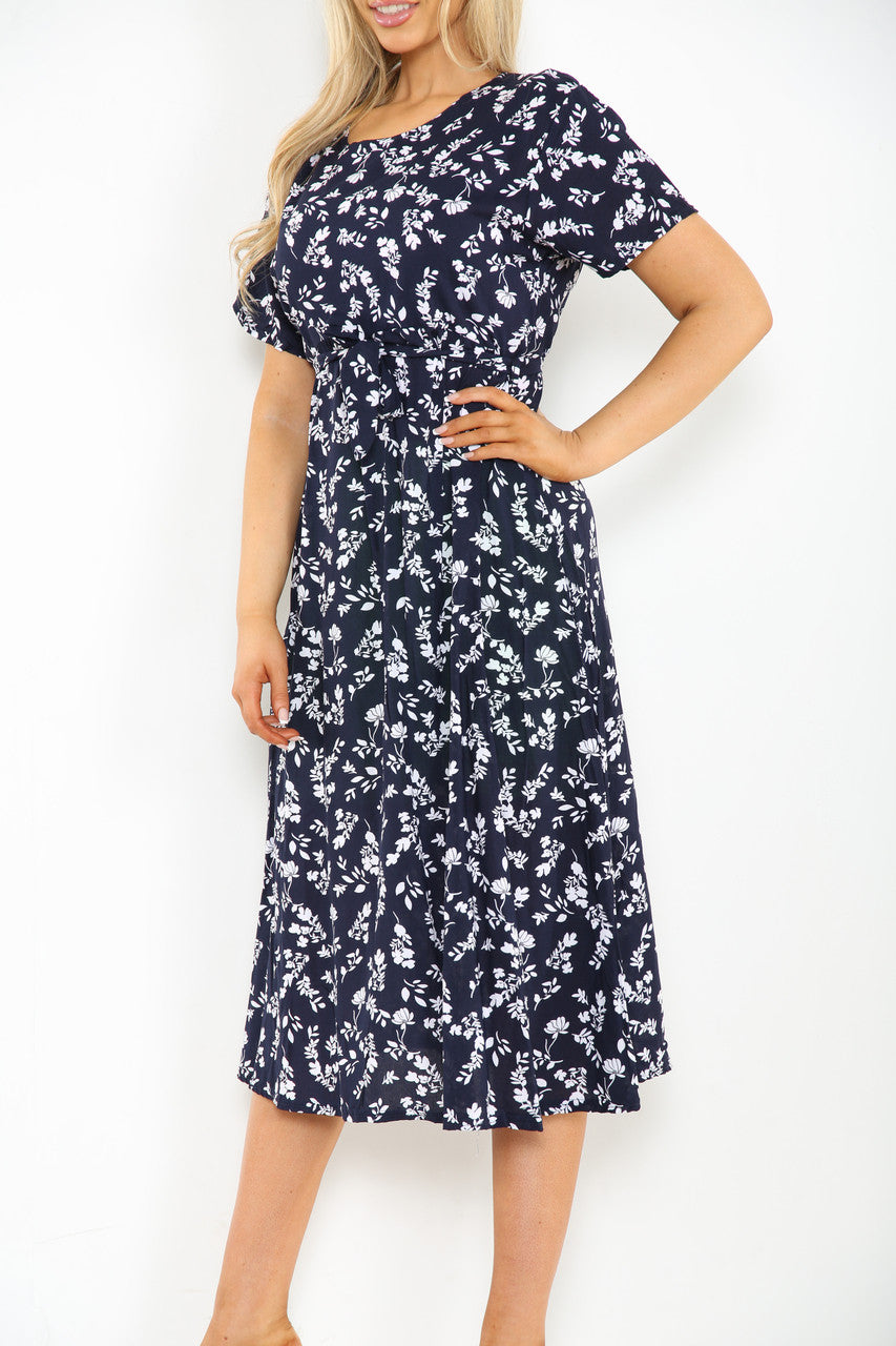 Ladies Elasticated Waist Belt Style Floral Silhouette Print Dress Navy