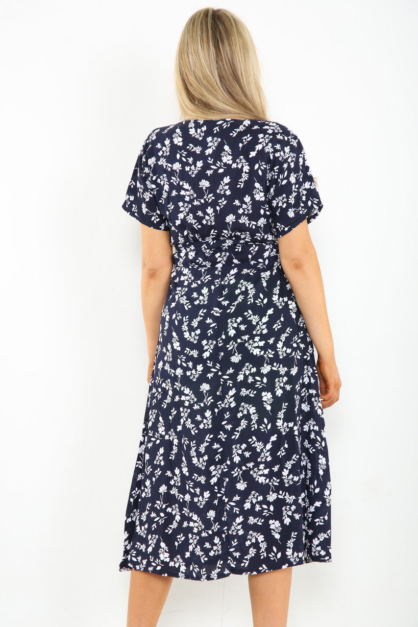 Ladies Elasticated Waist Belt Style Floral Silhouette Print Dress Navy