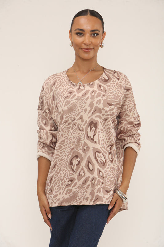 LEOPARD PRINT SOFT TOUCH SWEATSHIRT - BEIGE