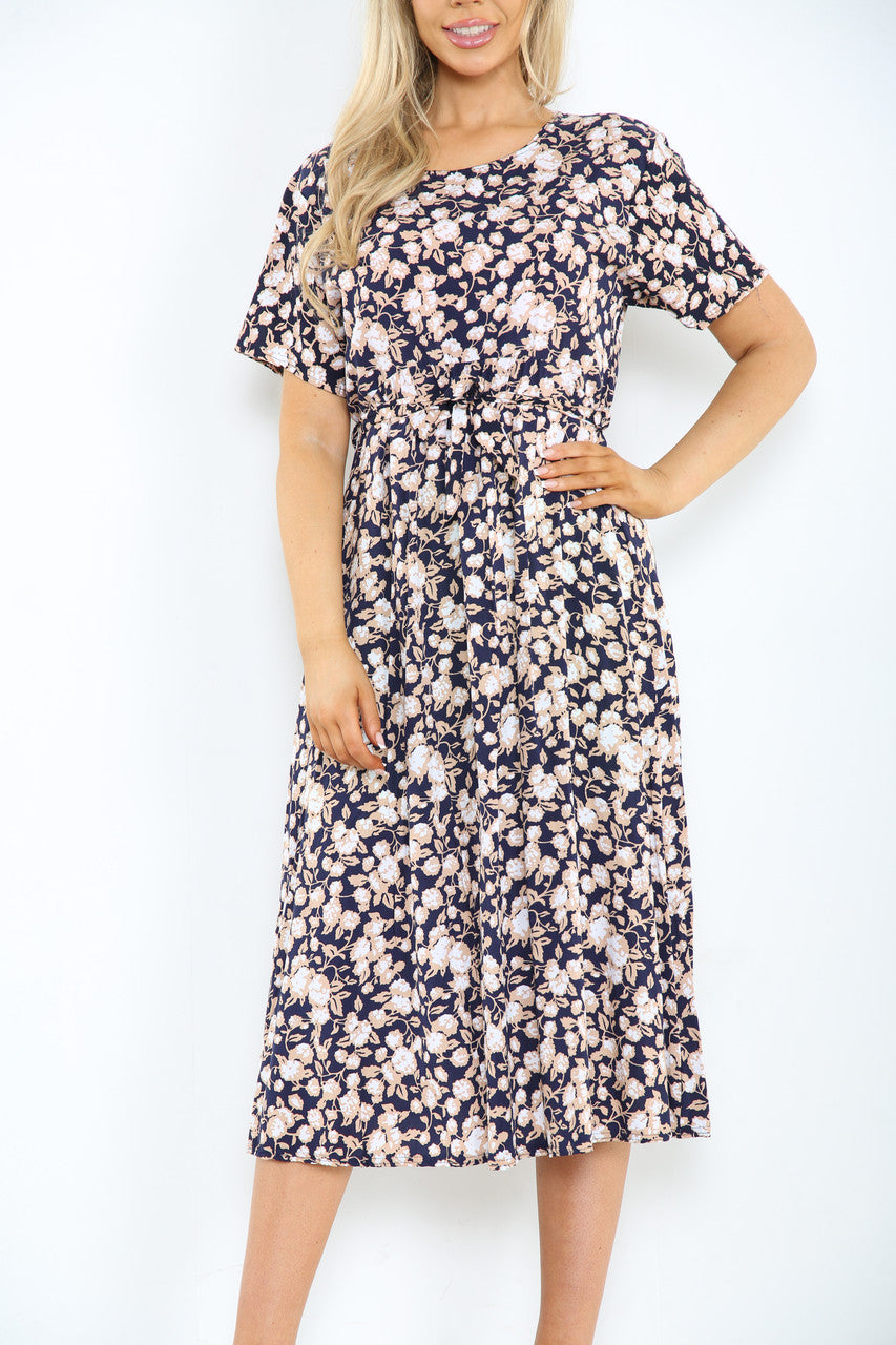 Ladies Elasticated Waist Belt Style Floral Abstract Floral Print Dress Navy