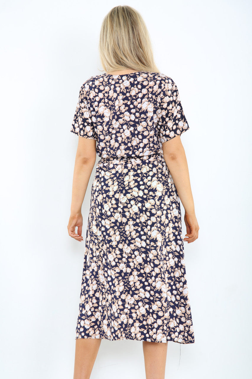 Ladies Elasticated Waist Belt Style Floral Abstract Floral Print Dress Navy