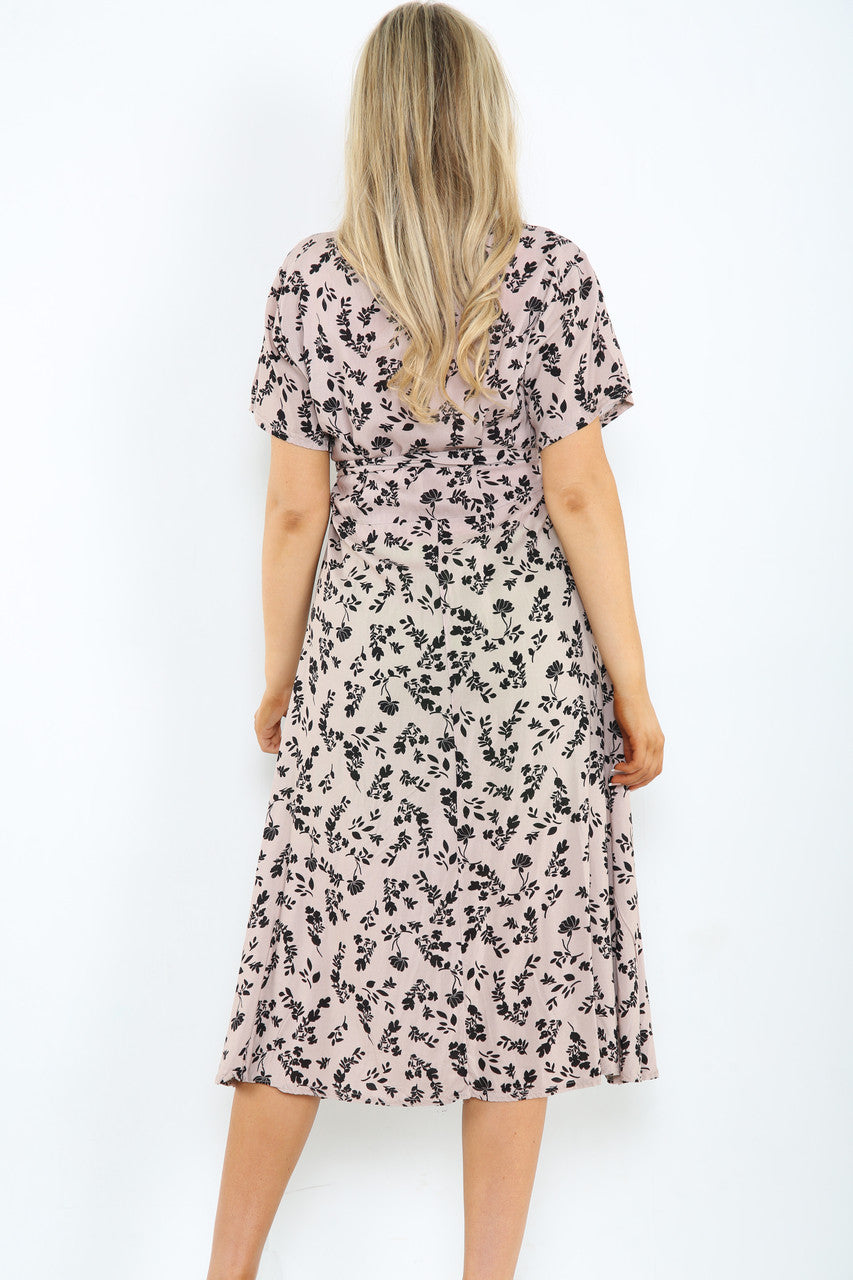 Ladies Elasticated Waist Belt Style Floral Silhouette Print Dress Stone