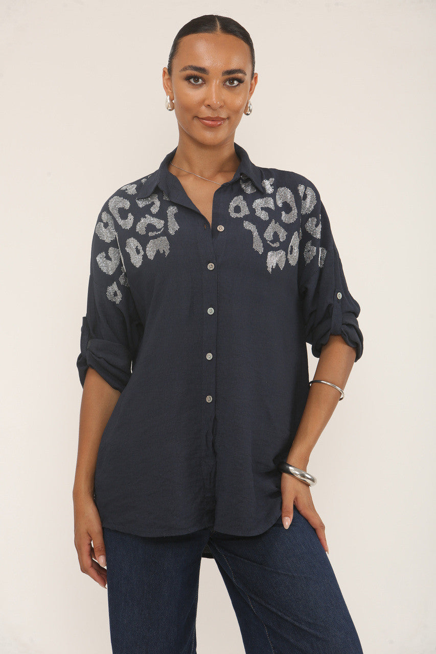 DIAMANTE LUIPAARD SCHOUDER BLOUSE MET KNOPEN - NAVY