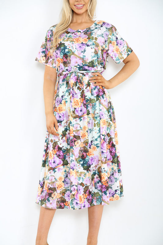 Dames midi-jurk met bloemenprint in meerdere kleuren wit