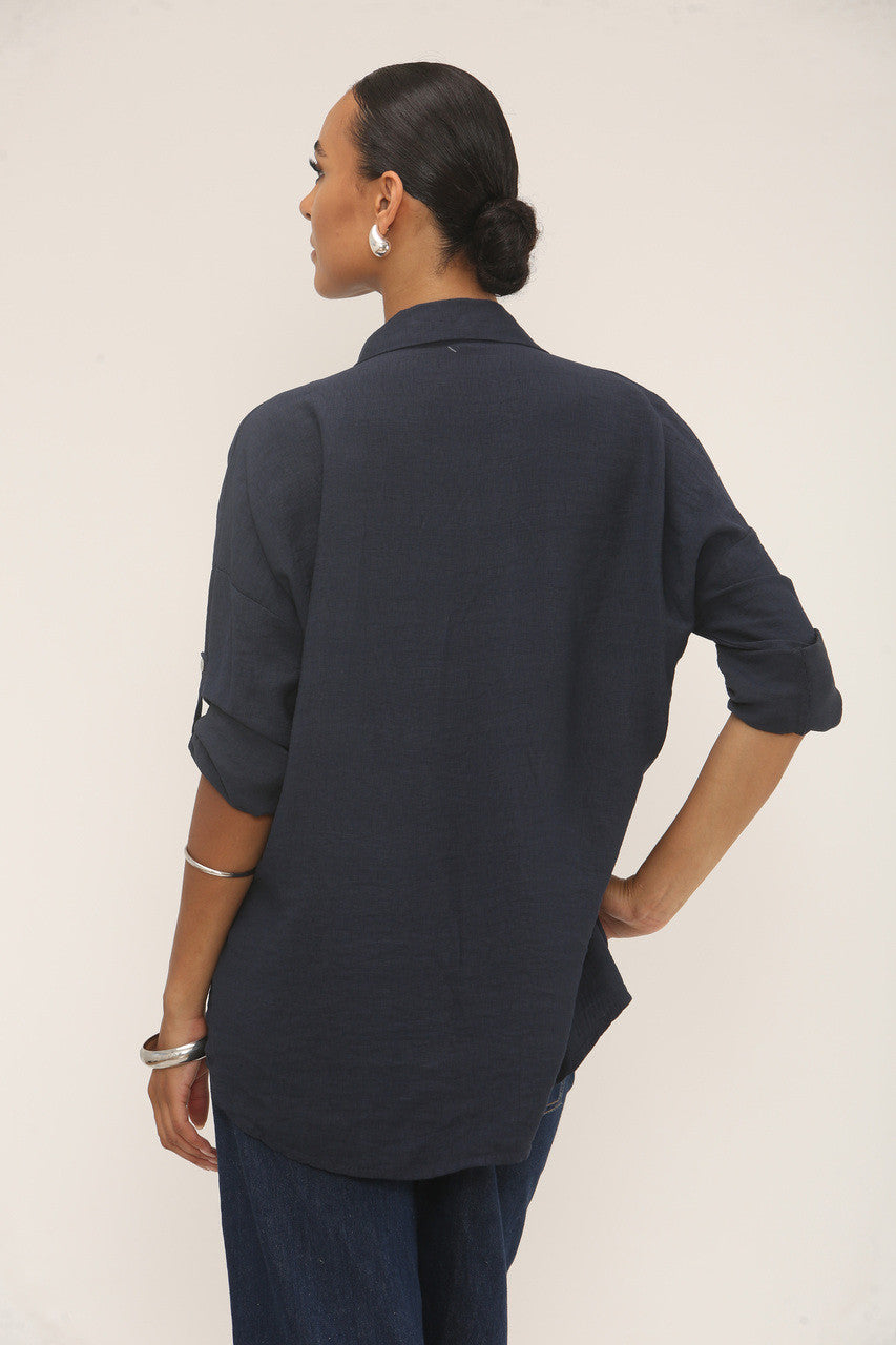 DIAMANTE LUIPAARD SCHOUDER BLOUSE MET KNOPEN - NAVY