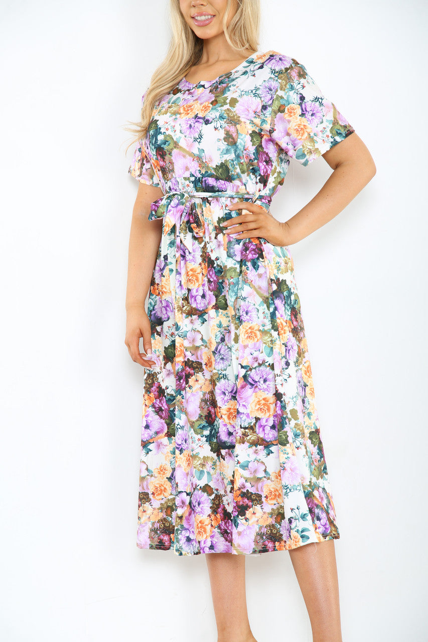Ladies Multi Colour Floral Print Midi Dress White