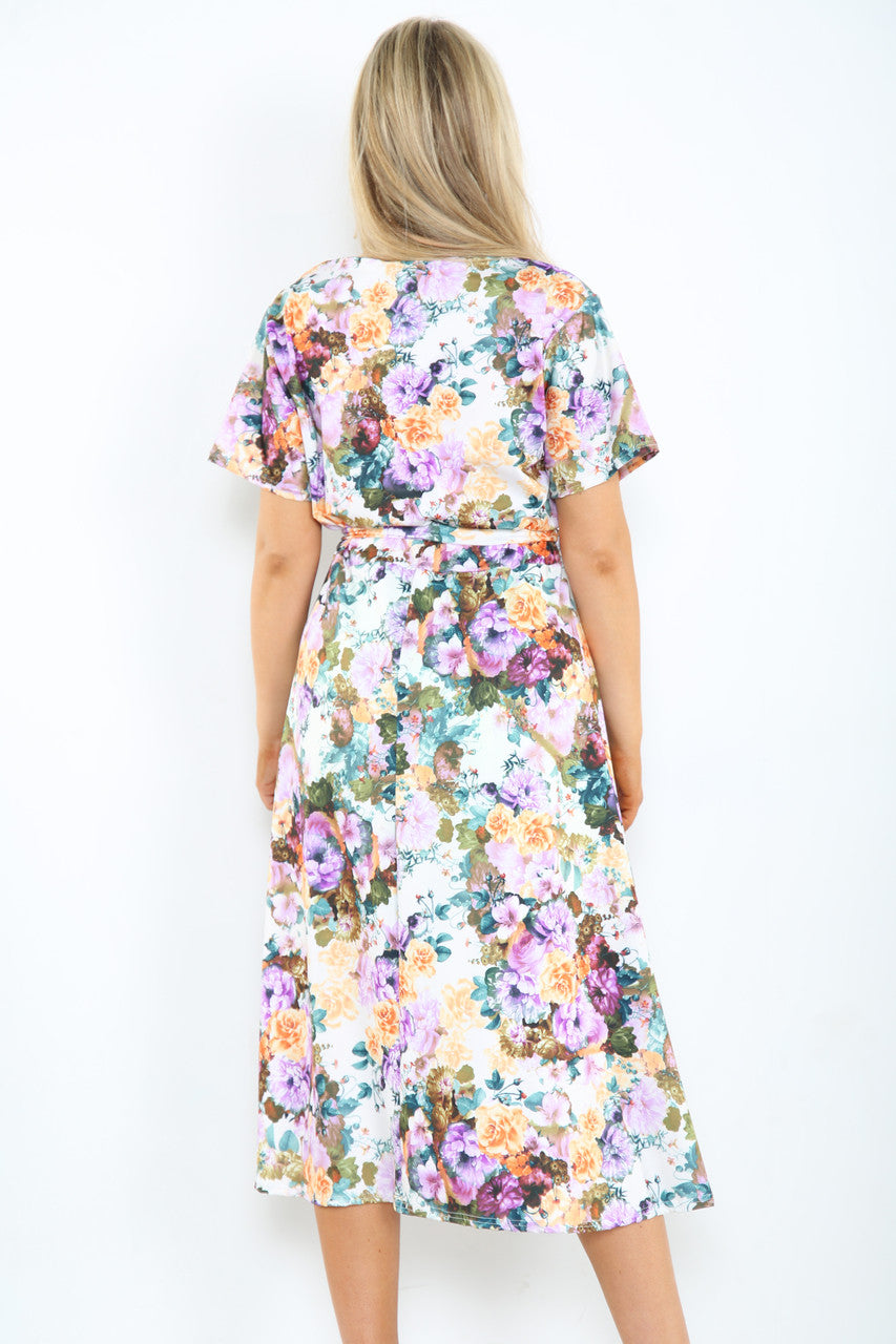 Ladies Multi Colour Floral Print Midi Dress White