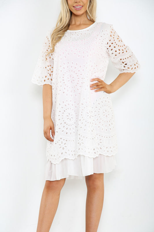 Dames Broderie Anglaise Jurk Wit