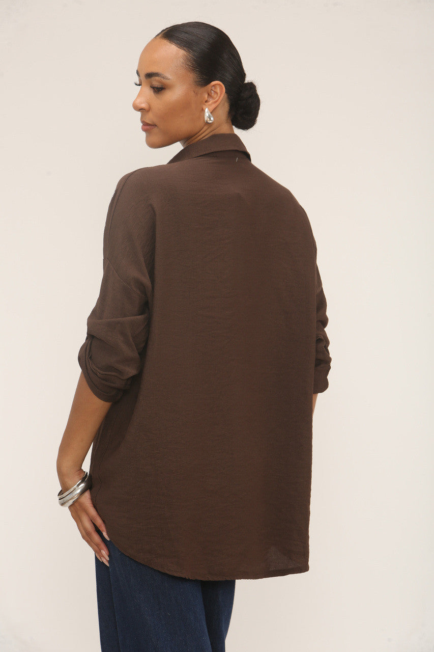DIAMANTE LUIPAARD SCHOUDERKNOPENBLOUSE - BRUIN
