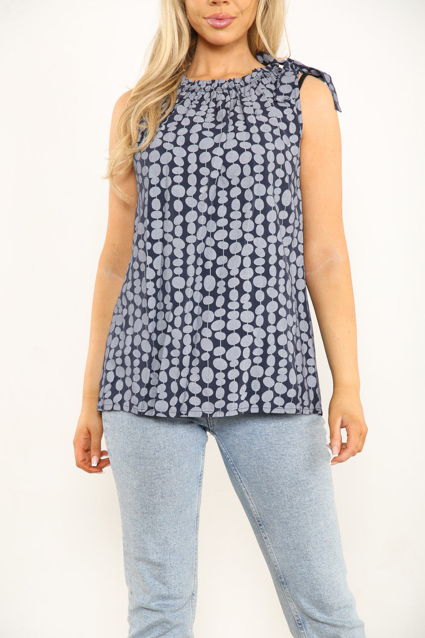 Ladies Tie shoulder Spotty Navy