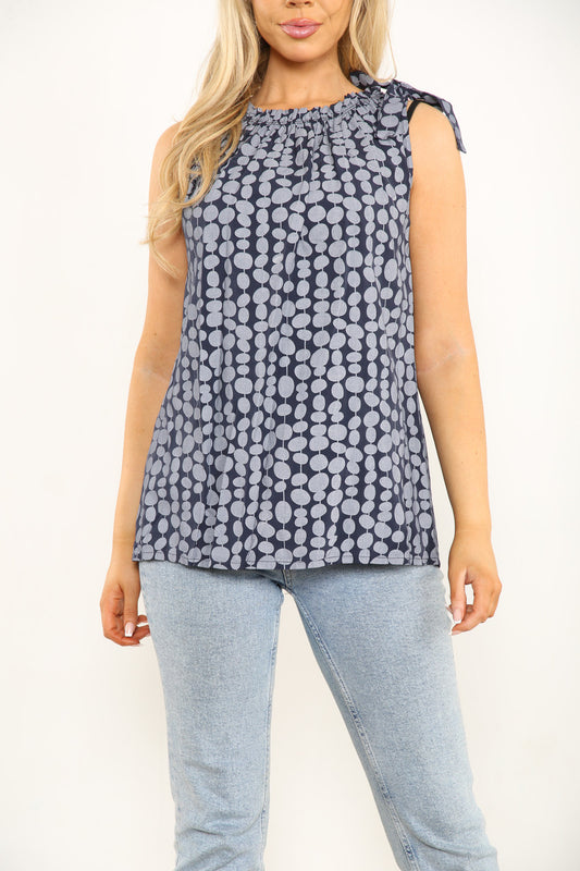Ladies Tie shoulder Spotty Navy