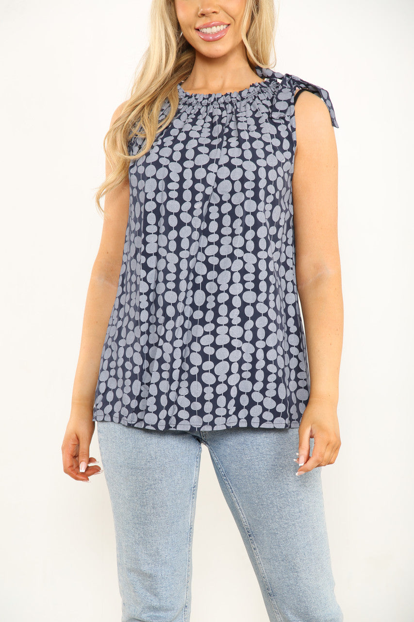Ladies Tie shoulder Spotty Navy