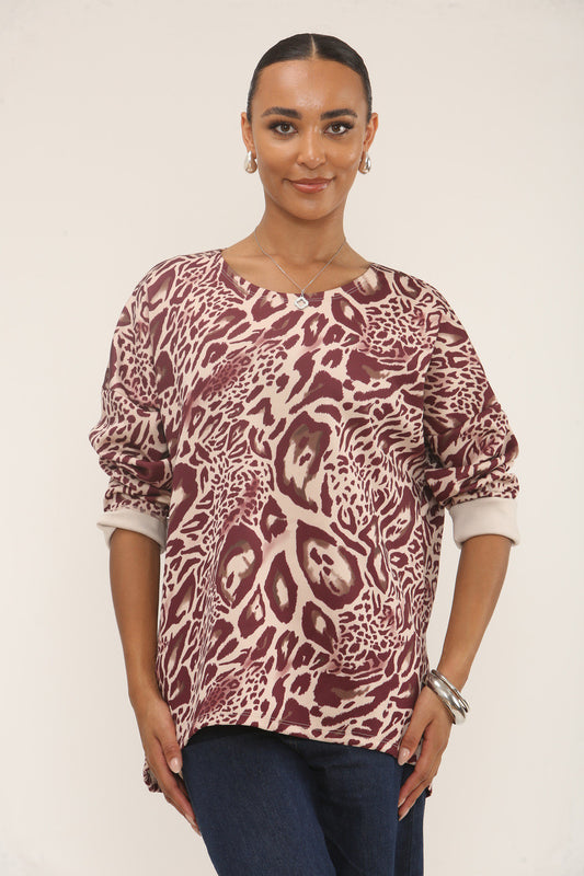 LEOPARD PRINT SOFT TOUCH SWEATSHIRT - BURGUNDY