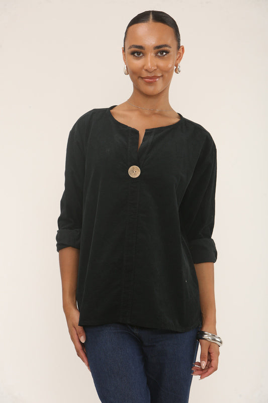 CORDUROY TOP MET INSNIJDING IN DE HALS ZWART