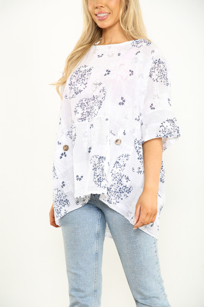 FLORAL WALLPAPER PRINT TOP WHITE