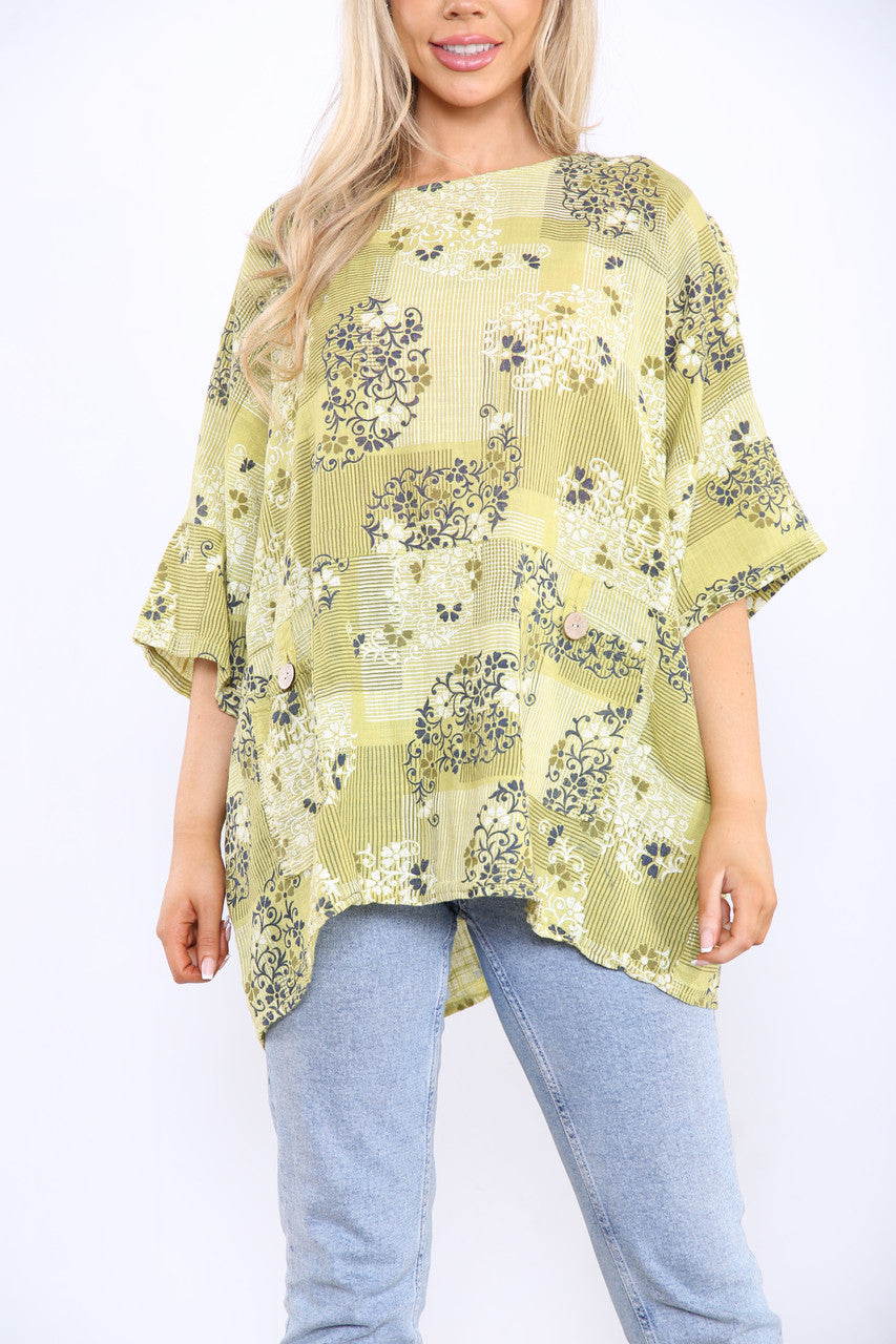 Ladies Floral Wallpaper Print Top Mustard