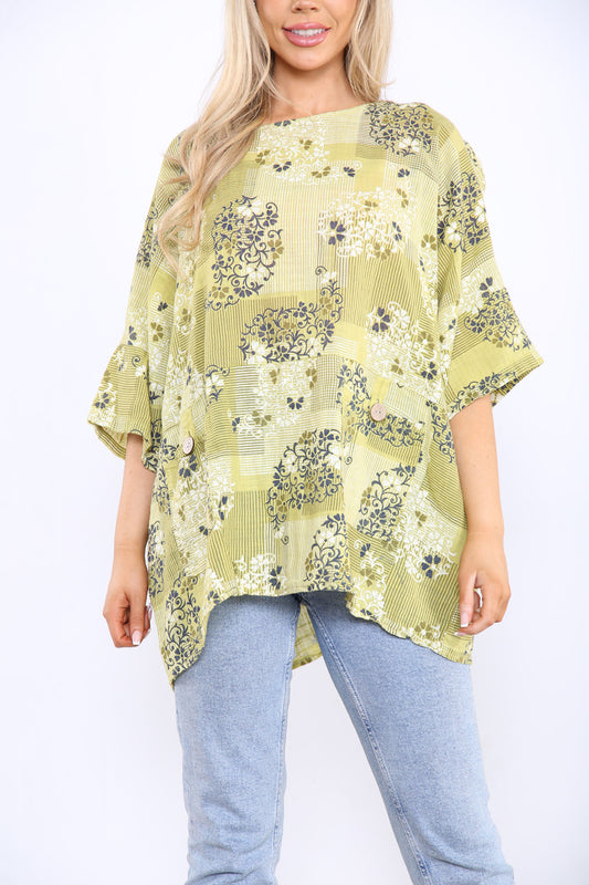 Ladies Floral Wallpaper Print Top Mustard
