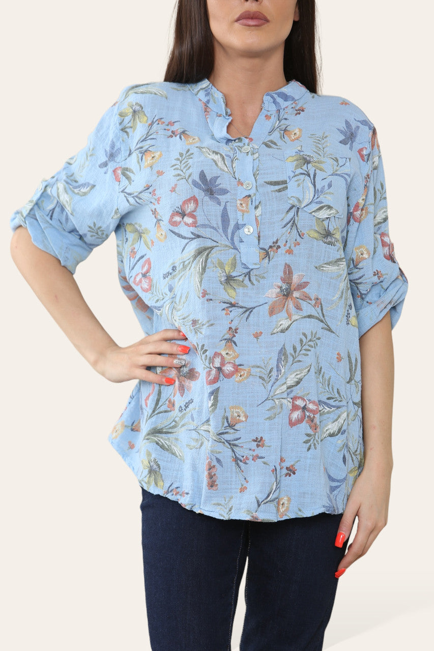 GARDEN FLOWERS PRINT GRANDAD SHIRT LIGHT BLUE