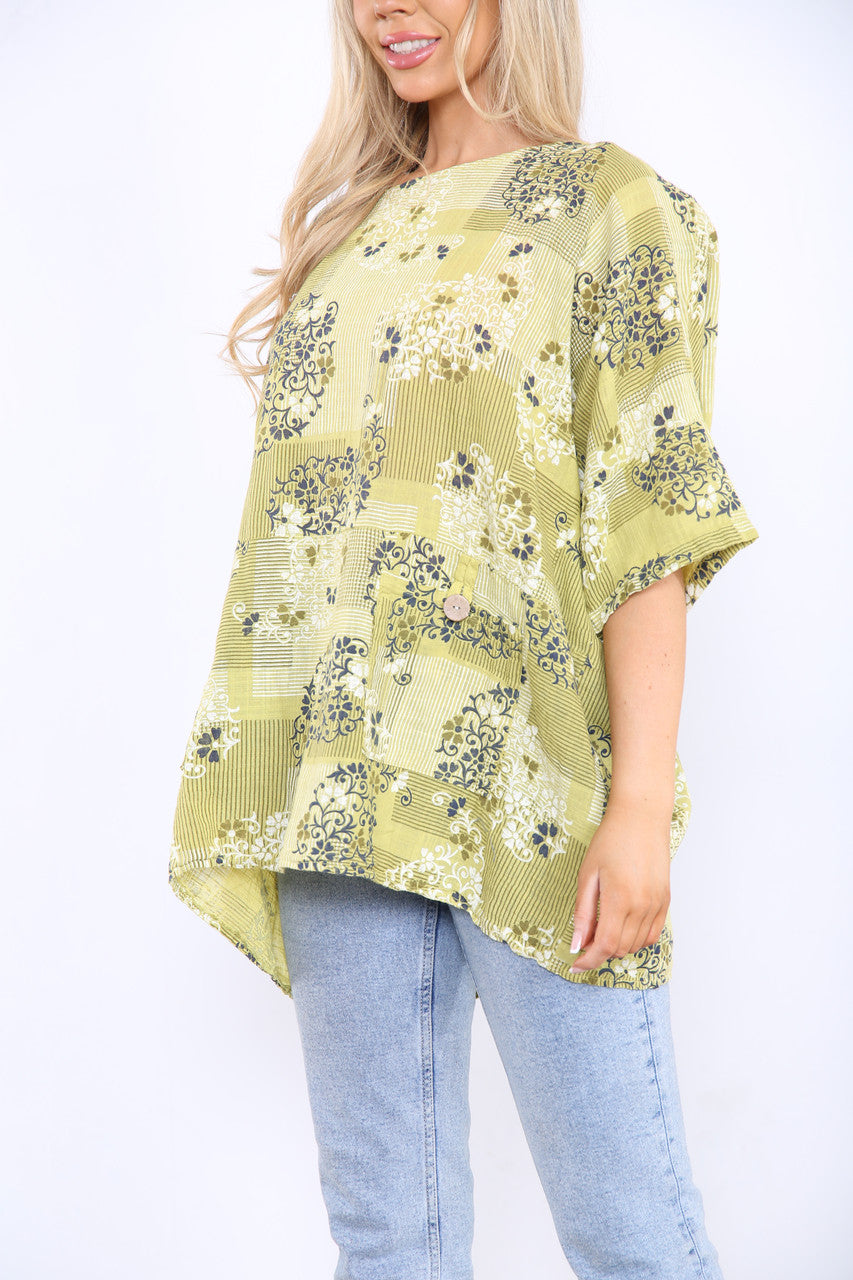 Ladies Floral Wallpaper Print Top Mustard
