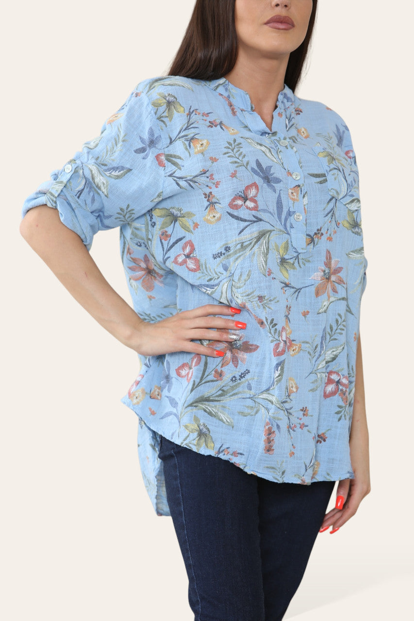 GARDEN FLOWERS PRINT GRANDAD SHIRT LIGHT BLUE