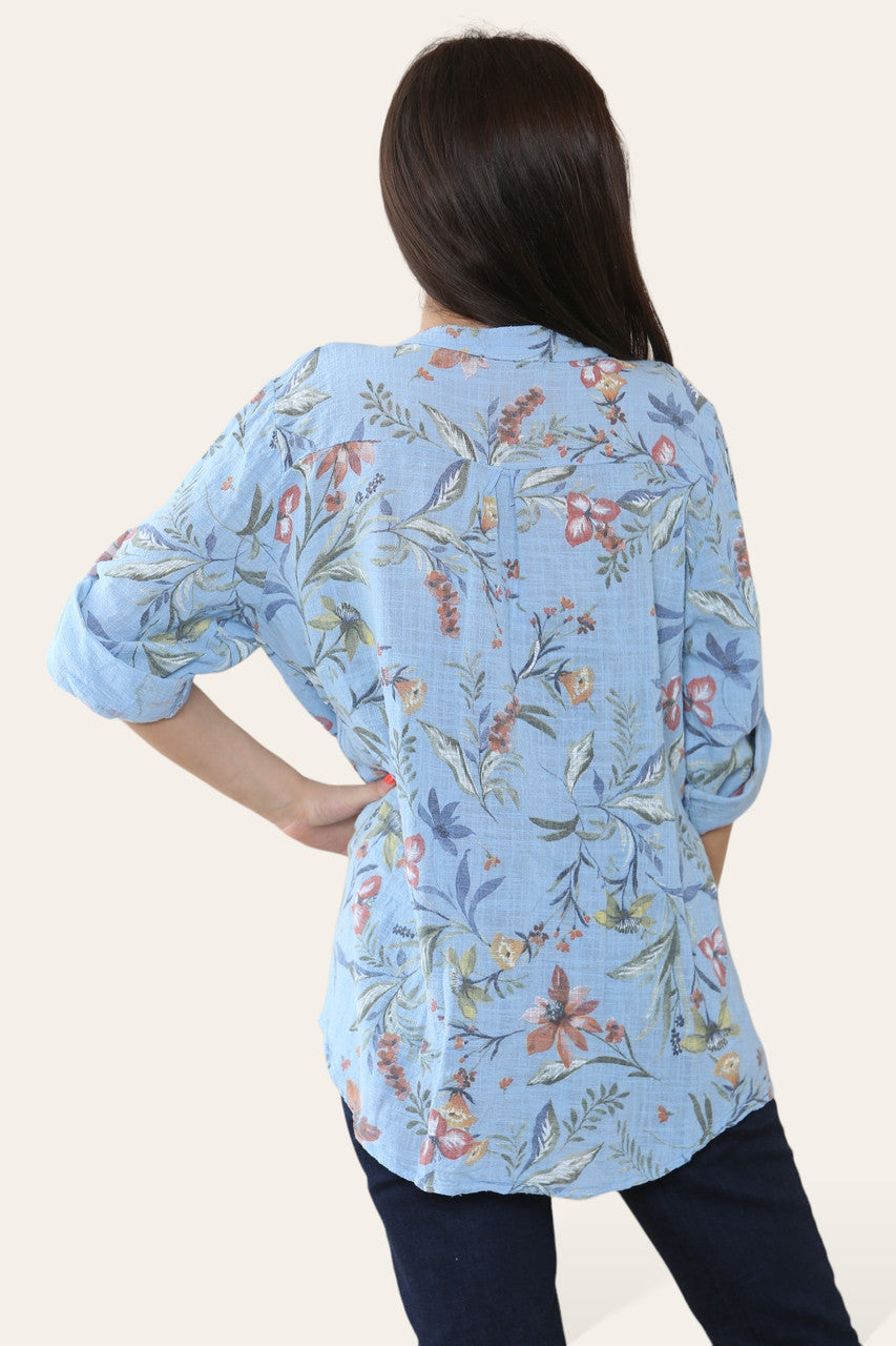 GARDEN FLOWERS PRINT GRANDAD SHIRT LIGHT BLUE