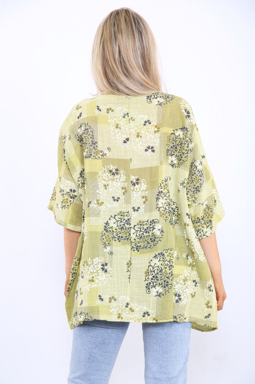 Ladies Floral Wallpaper Print Top Mustard