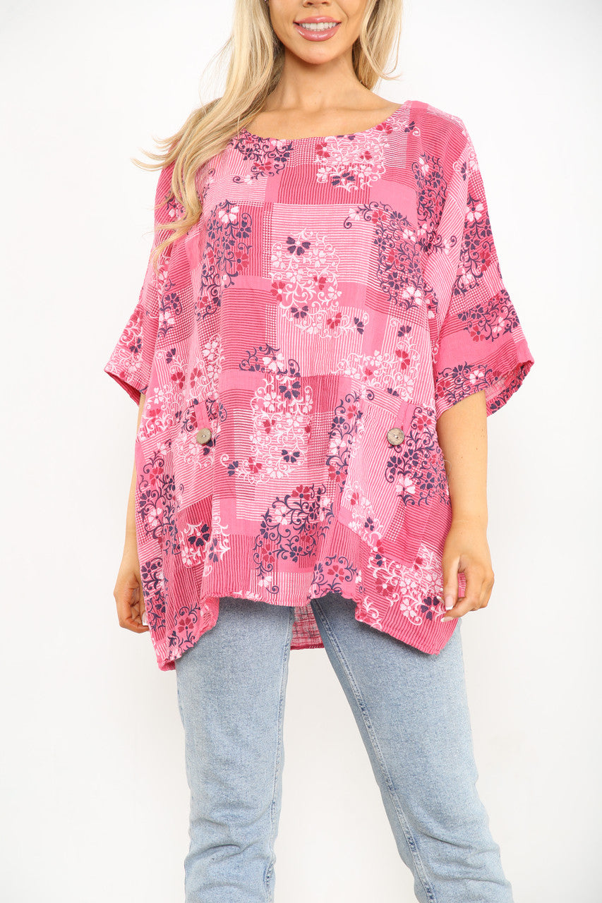 FLORAL WALLPAPER PRINT TOP CERISE