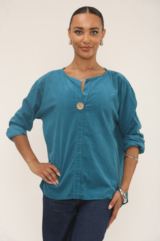 CORDUROY TOP MET INSNIJDING IN DE HALS TEAL