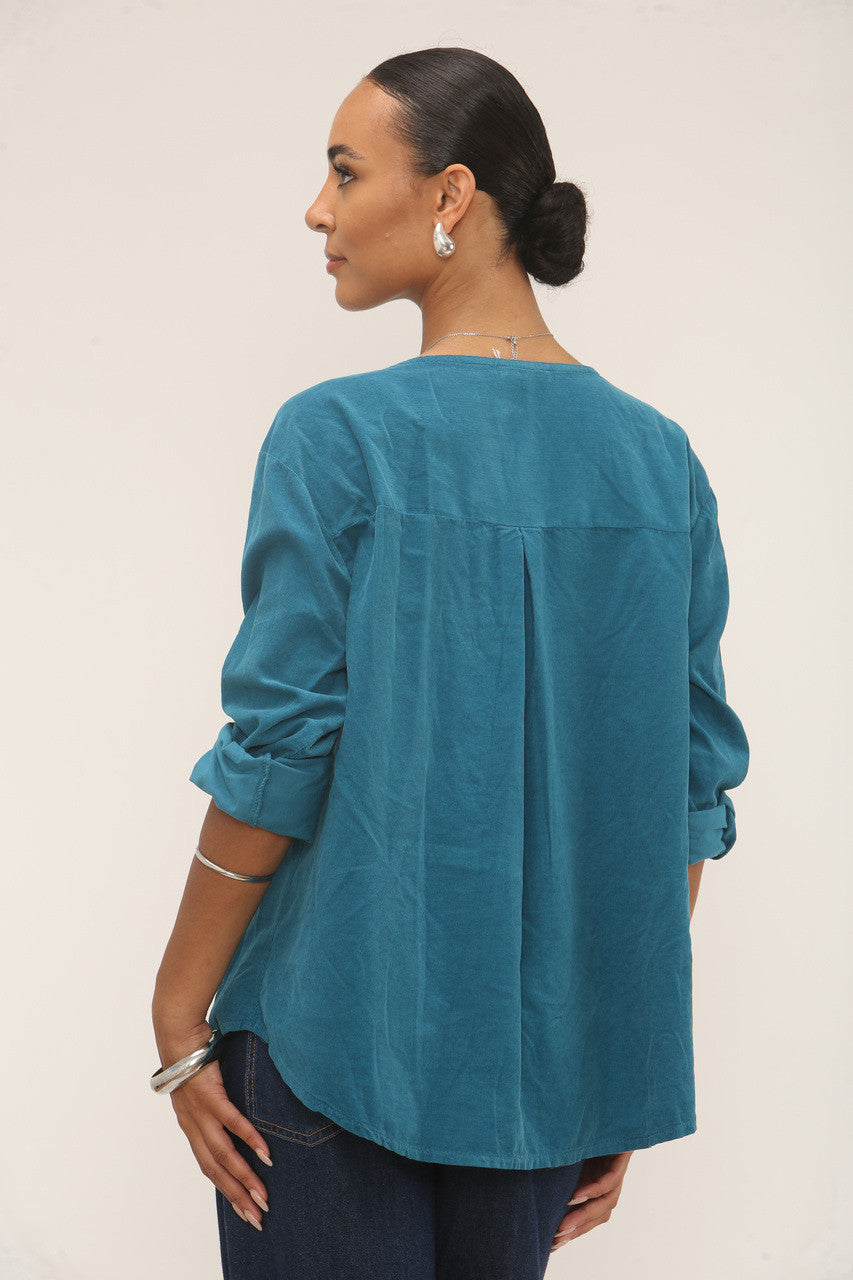 CORDUROY TOP MET INSNIJDING IN DE HALS TEAL