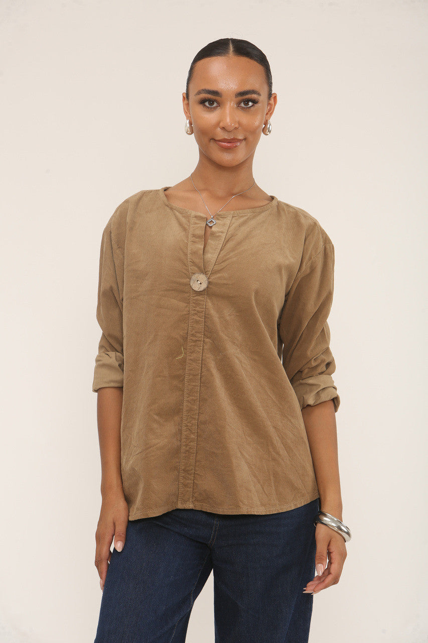 CORDUROY TOP MET INSNIJDING IN DE HALS TAN