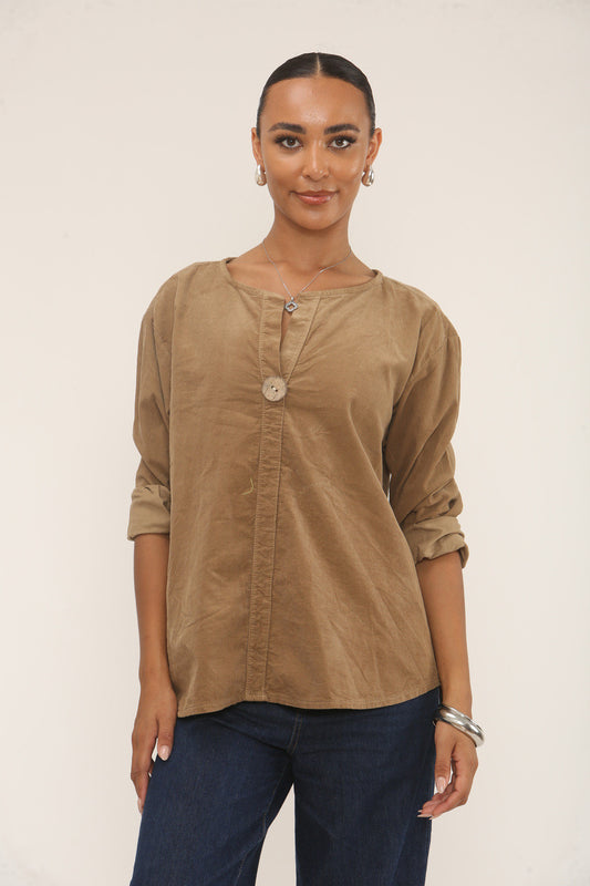 CORDUROY TOP MET INSNIJDING IN DE HALS TAN