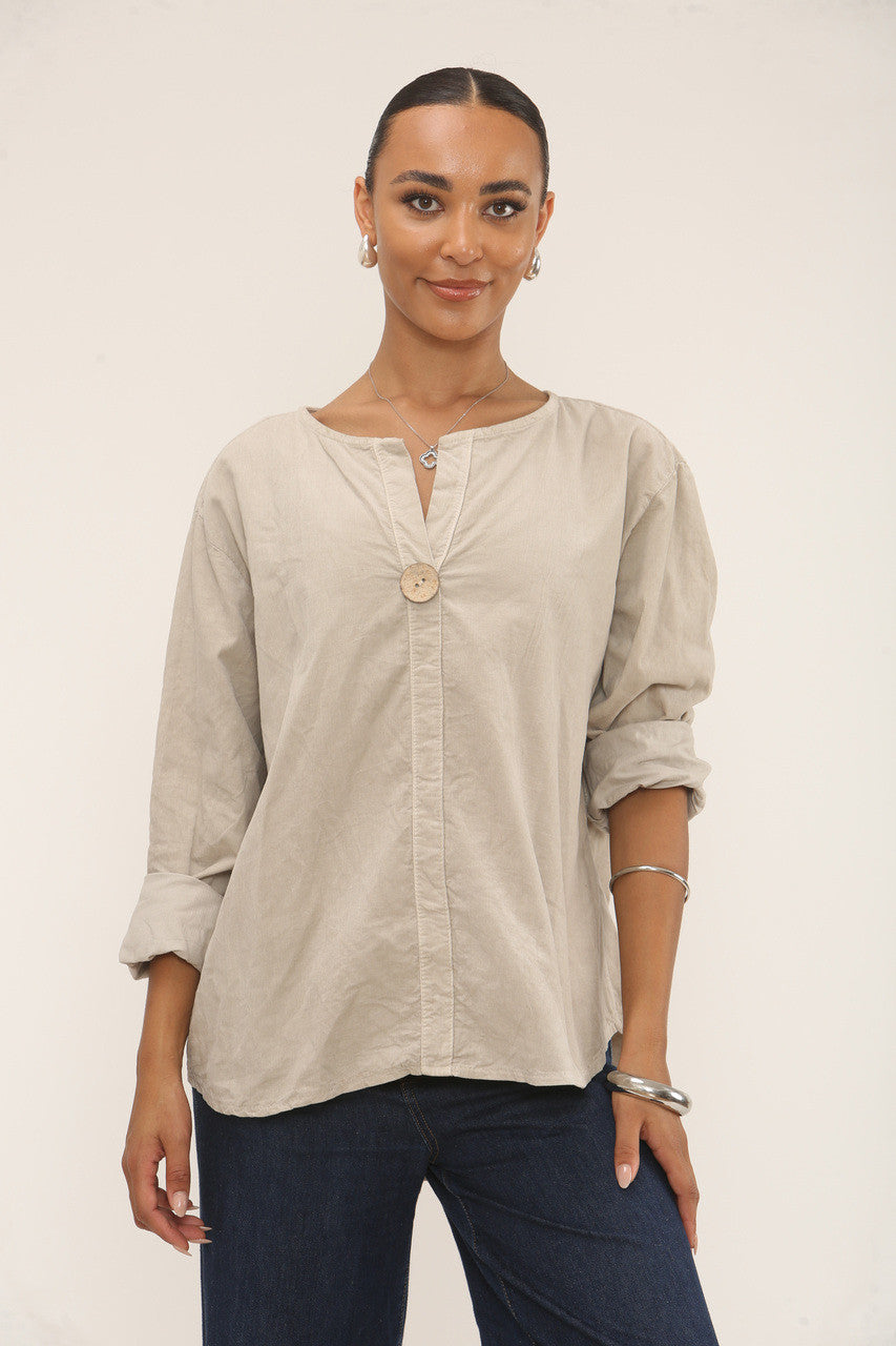 CORDUROY TOP MET INSNIJDING IN DE HALS GRIJS