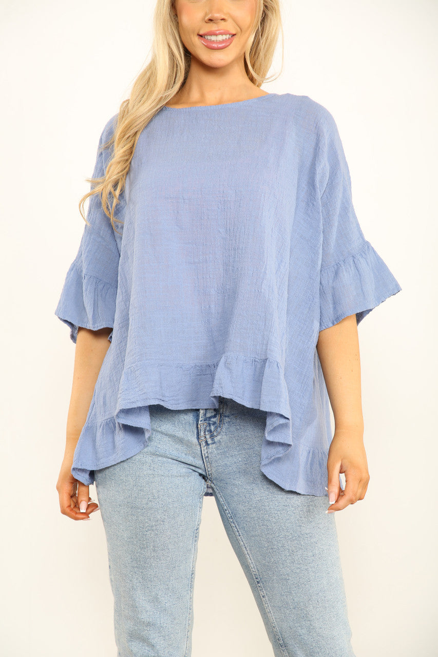 Ladies Frill Sleeve & Hem Plain Top Denim