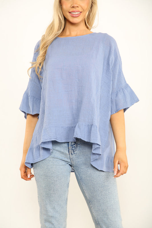 Ladies Frill Sleeve & Hem Plain Top Denim