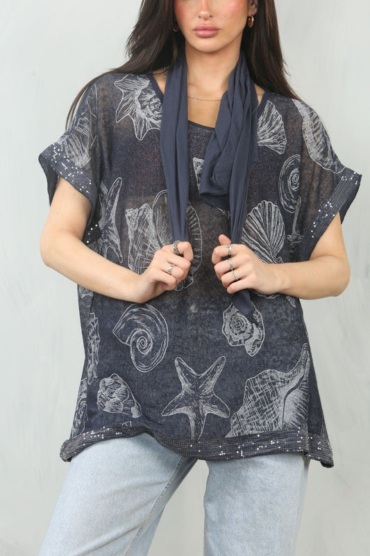 NAUTICAL SHELLS PRINT SCARF TOP - NAVY