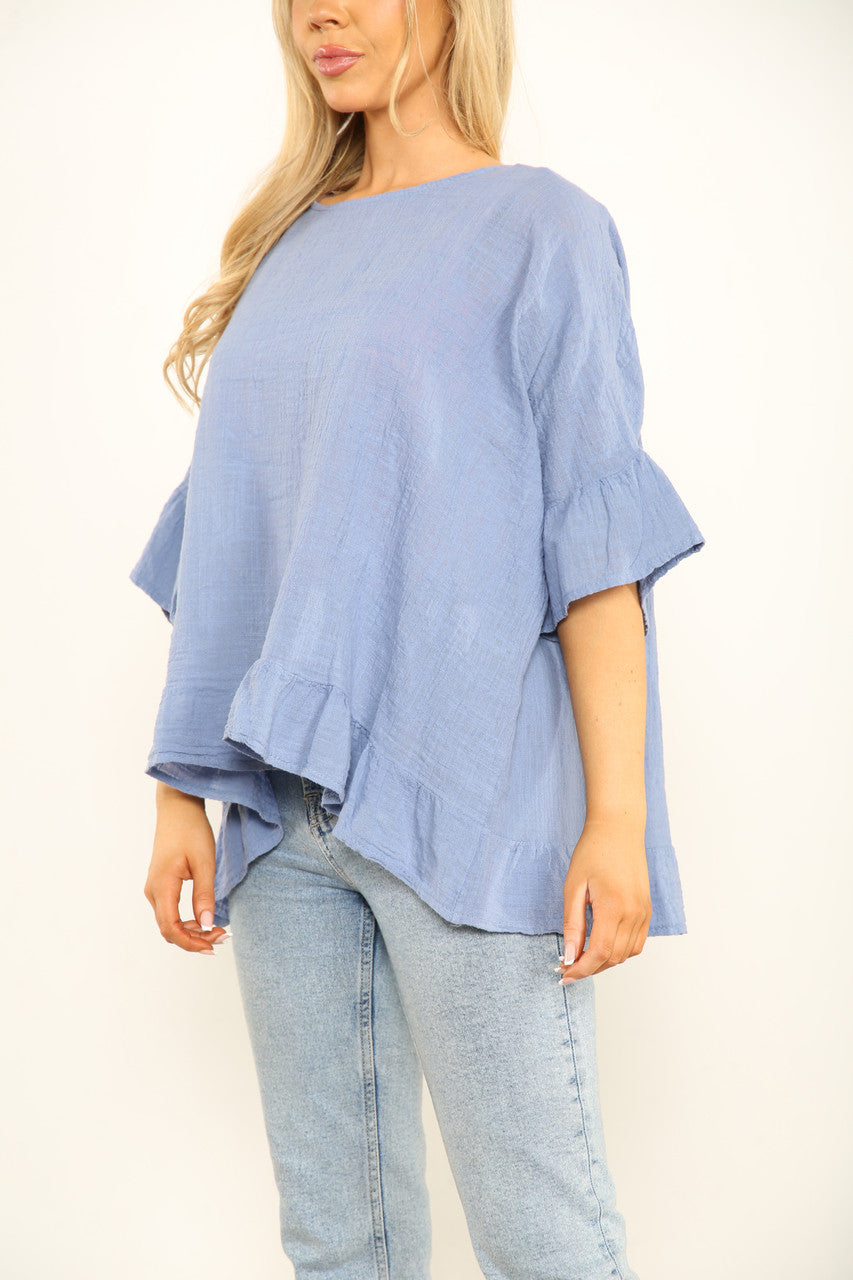 Ladies Frill Sleeve & Hem Plain Top Denim