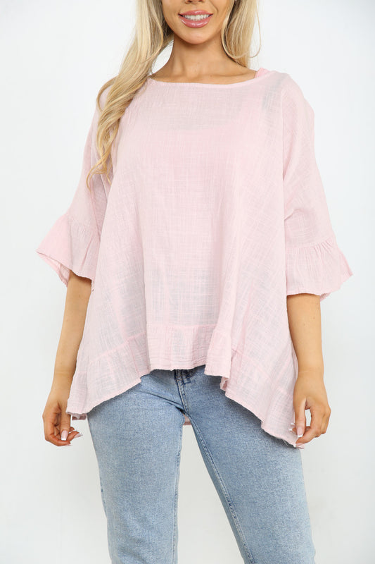 Ladies Frill Sleeve & Hem Plain Top Dusty Pink