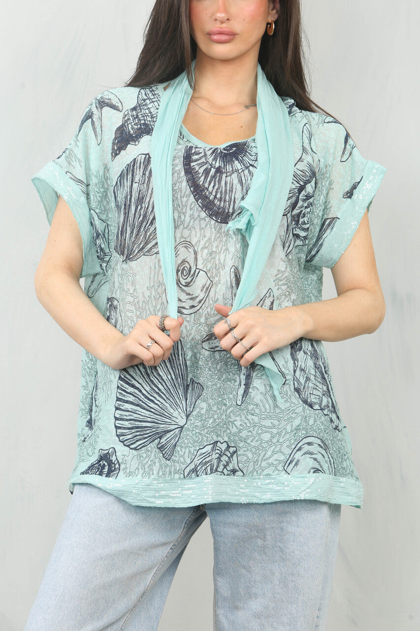 NAUTISCHE SCHELPEN PRINT SJAAL TOP - MINT