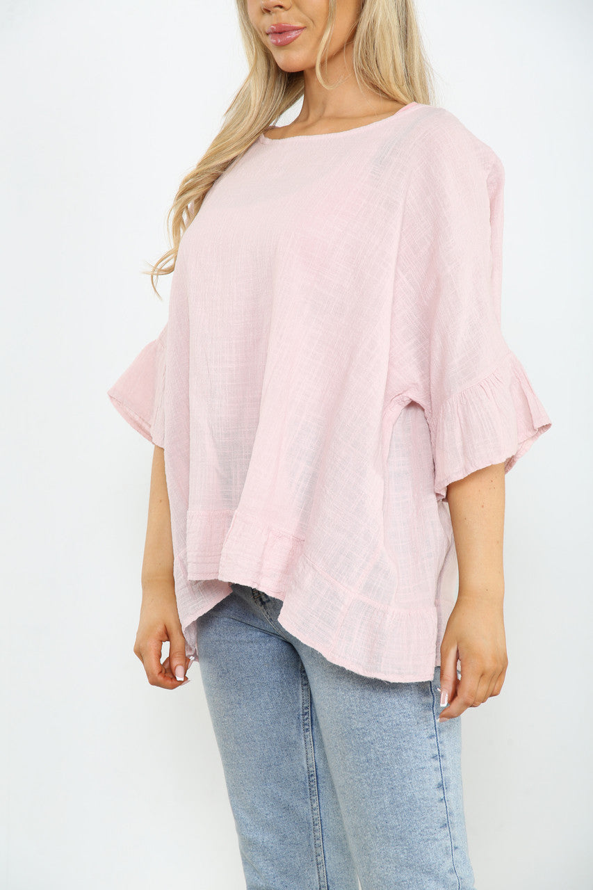 Ladies Frill Sleeve & Hem Plain Top Dusty Pink