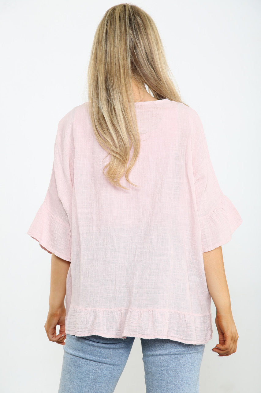 Ladies Frill Sleeve & Hem Plain Top Dusty Pink